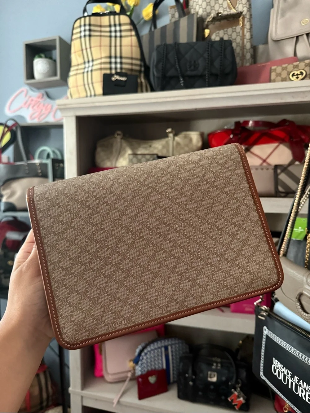 Celine Brown Monogram Canvas Clutch Bag with Gold Lock
